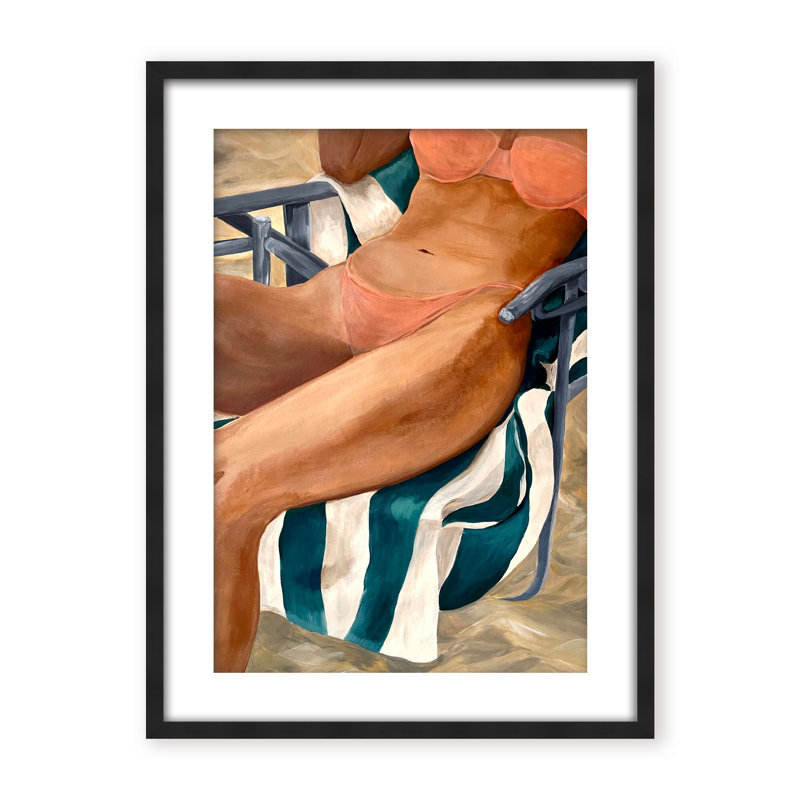 Coastal Retreat Riviera Retreat: Woman Lounging On Beach Towel And Chair, 40" H x 30" W x 1.125" D, White, Framed Print