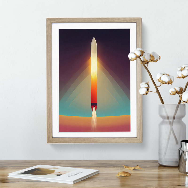 The Beaming Spaceship Rocket - Single Picture Frame Print, 64cm H x 46cm W x 2cm D, Oak Framed