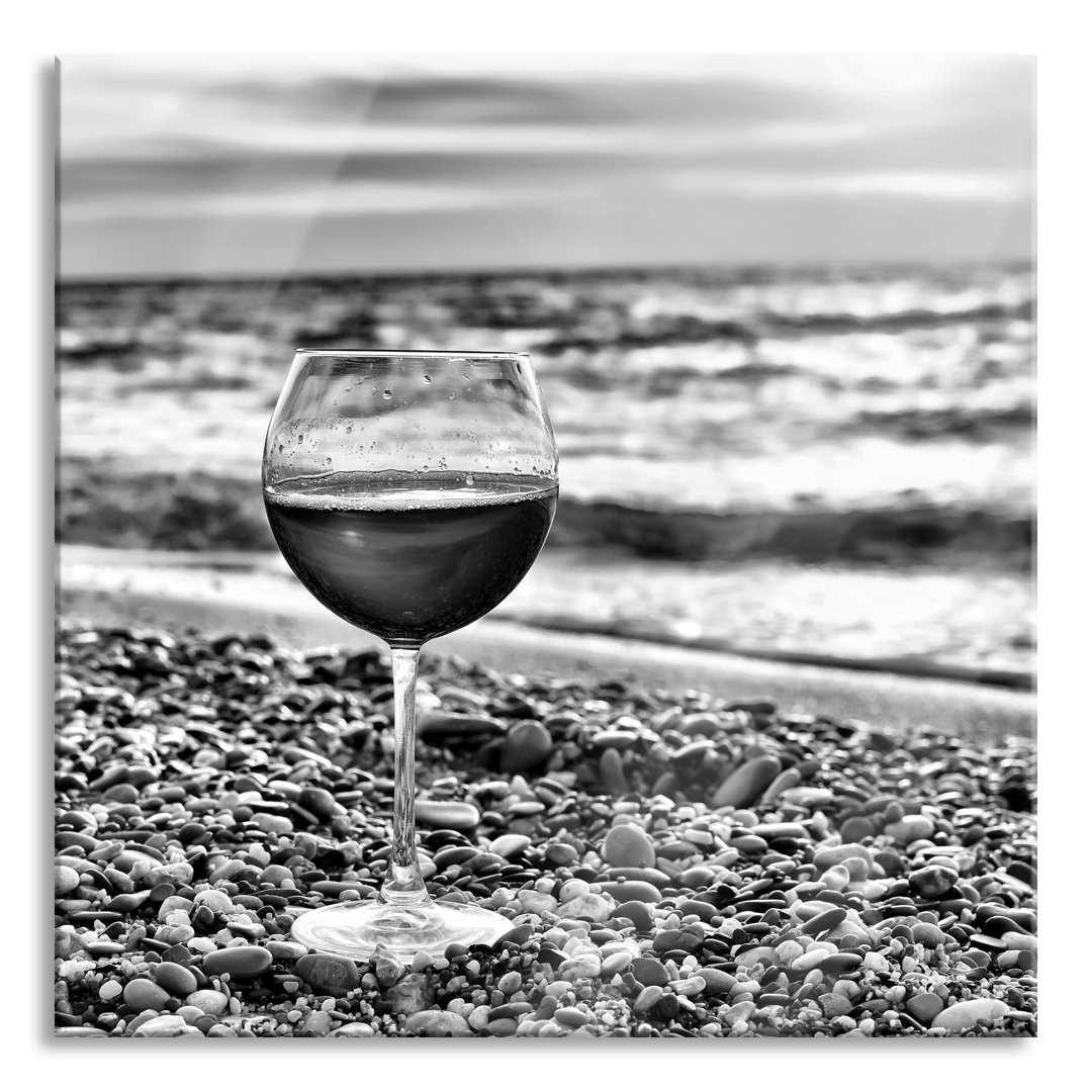 Glasbild Quadratisch | Wandbild Auf Echtglas | Weinglas Am Strand | Inkl. Aufhängung Und Abstandshalter