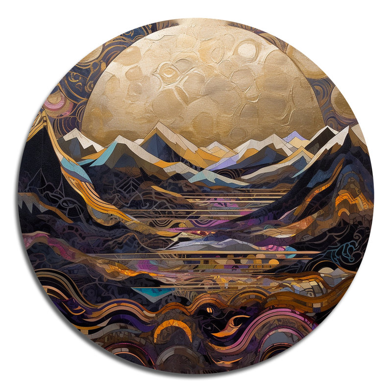 Golden Rising Moon II - paysage moderne, art mural rond en métal, H 23 po x l 23 po x P 1 po