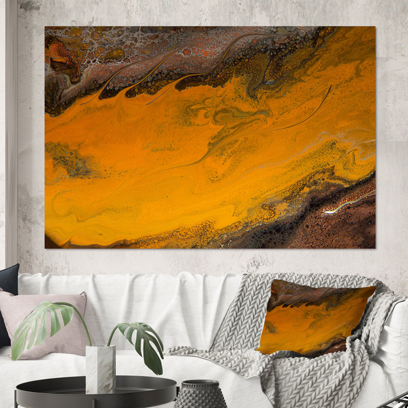Orange et vagues de marbre noir - peinture sur toile, Toile tendue, H 40 po x l 60 po x P 1,5 po