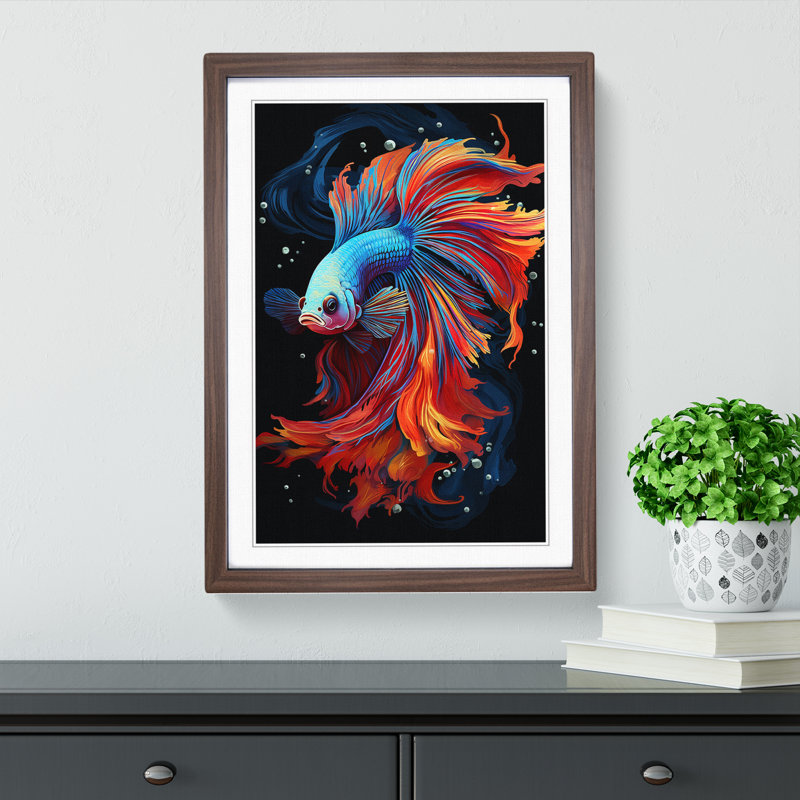 Siamese Fighting Fish Tachisme - Single Picture Frame Print on Wood, Walnut Framed, 46cm H x 34cm W