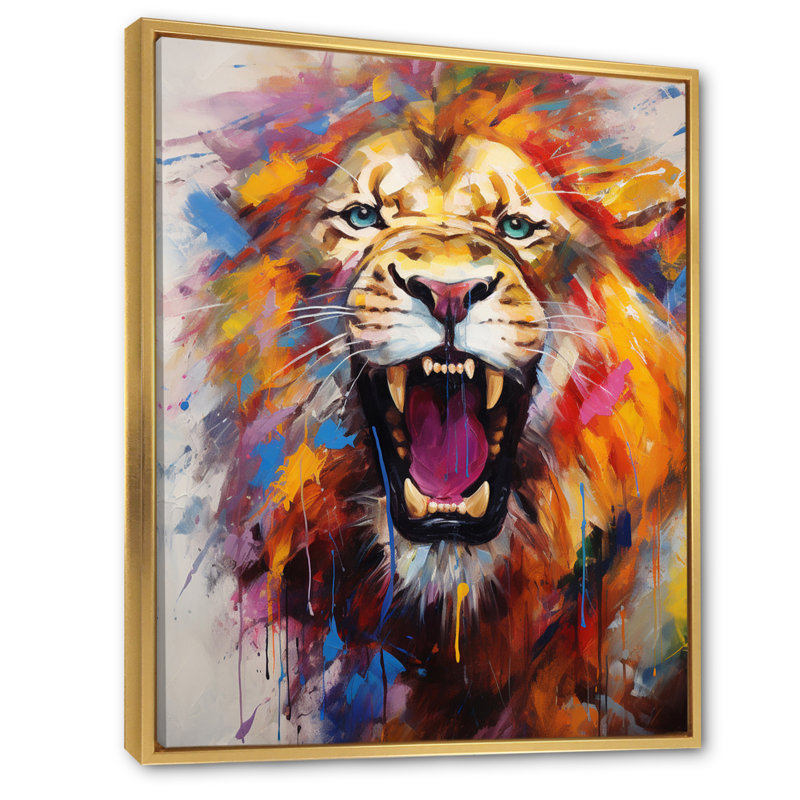 Abstrait lion rugissant - Lion, art mural, H 32 po x l 16 po x P 1 po, Cadre flottant doré
