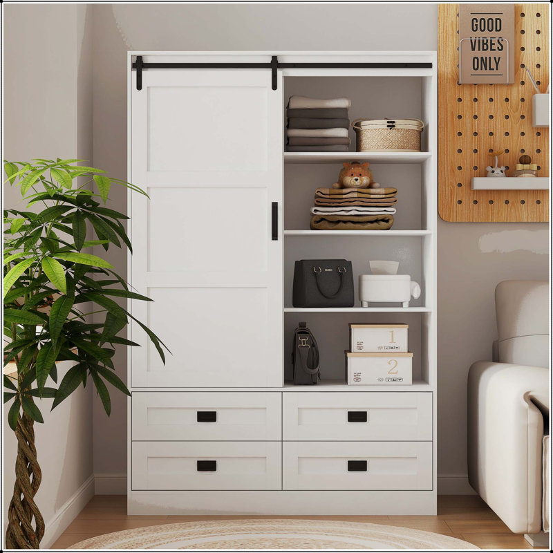 Armoire haute avec porte suspendue, tiroirs et tablettes ouvertes