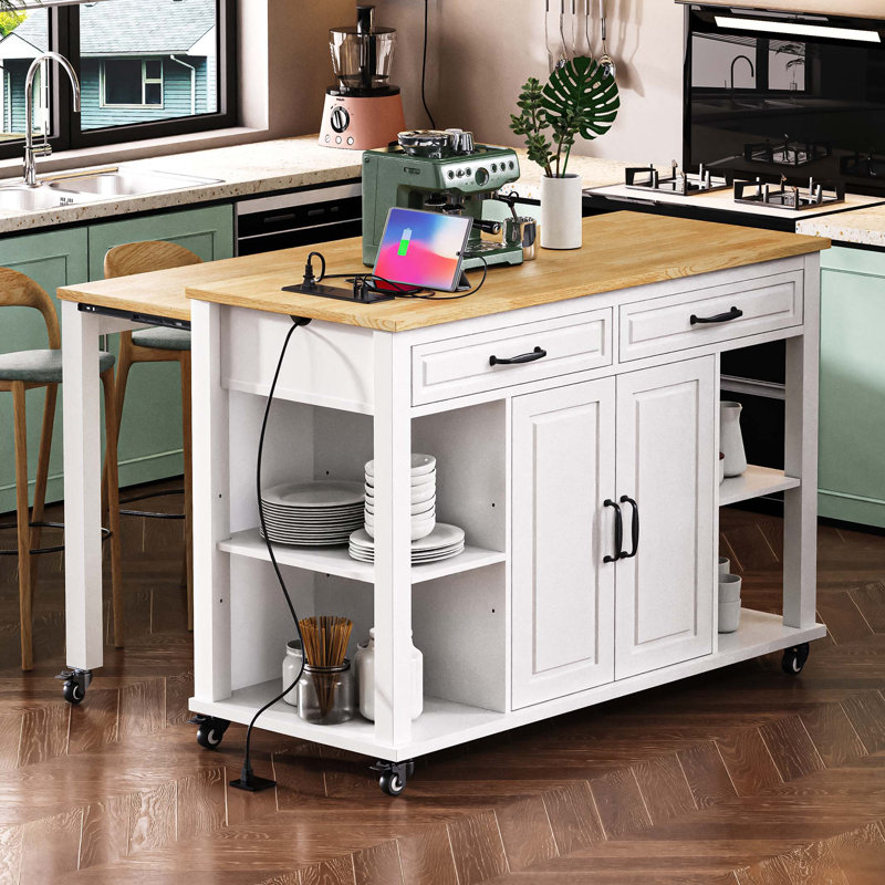Îlot de cuisine de 47 po avec table de salle à manger extensible, table de cuisine en placage de bois d'hévéa avec support de rangement interne, prise de courant, îlot de cuisine avec rangement 2 tiroirs et 2 armoires