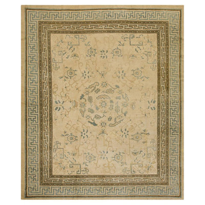 Antique Chinese Ningxia Rug, Hand-Knotted Wool, Ivory, 1890s