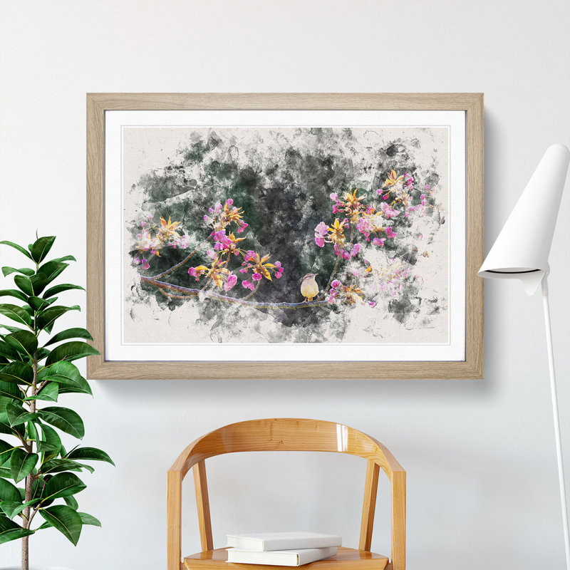 Wren Upon A Blossom Tree Branch Watercolour - Framed Print, 62cm H x 87cm W x 2cm D, Oak