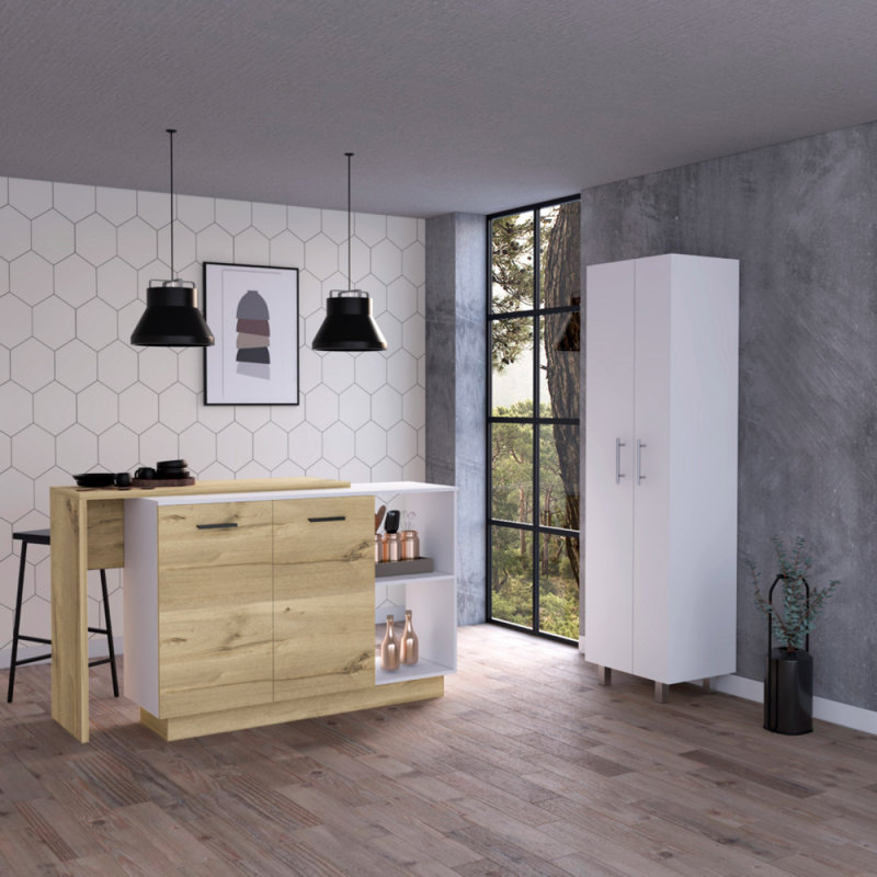 Crescent 7-Shelf 4-Door 2-Piece Kitchen Set, Kitchen Island And Pantry White And Light Oak