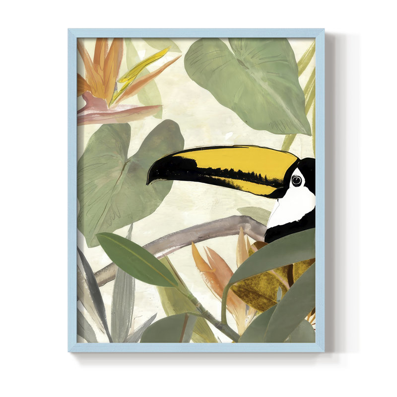 «Parrot in the Leaves I», reproduction encadrée - bois massif, H 21 po x l 17 po, Bleu