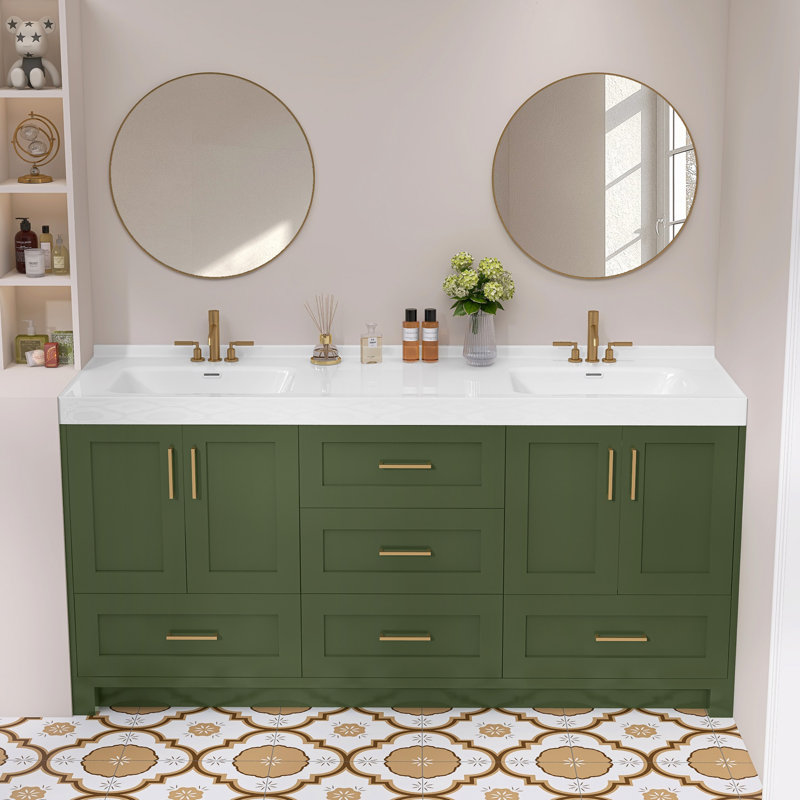 73 Inch Solid Surface Double Sink Vanity Top, 3" Thick Countertop, Raised Edge & 0.38" Backsplash, Bright White, Waterproof & Easy Install