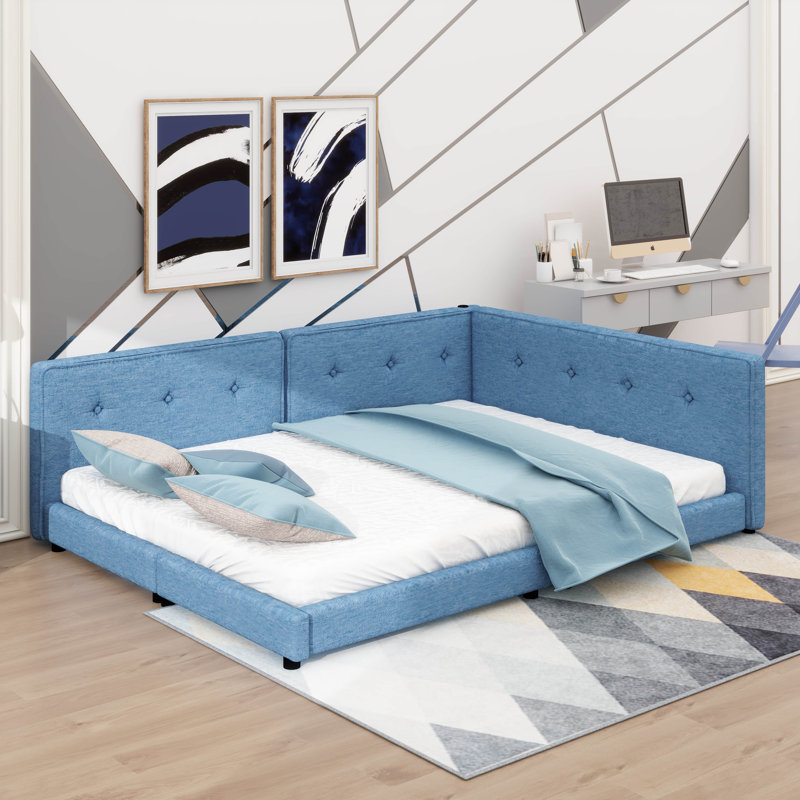 Lit plateforme tapissier avec ports USB intégrés, Bleu, Grand lit