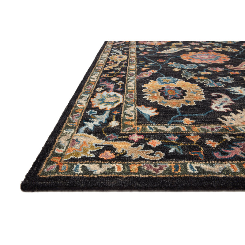 Tapis noir en laine bouclé / crocheté à la main Elmsford, Rond 3 pi