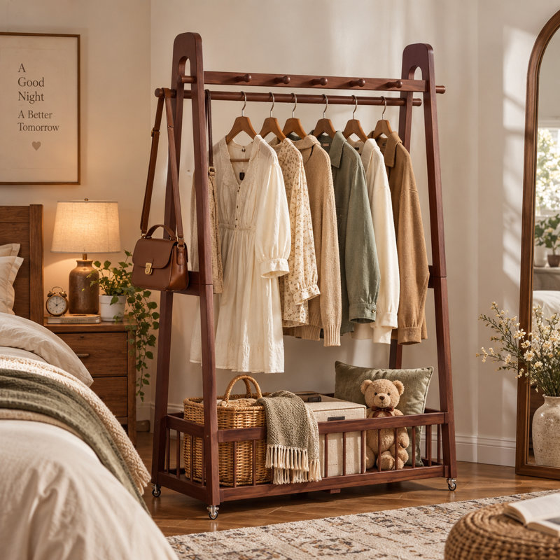 Solid Pine Wood Rolling Garment Rack with Locking Wheels Hooks and Bottom Storage, 39.37"W, Walnut