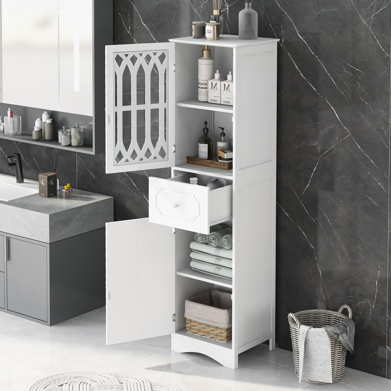 Grande armoire de salle de bain, armoire de rangement autoportante avec tiroir et portes, panneau de fibres à densité moyenne, porte en acrylique, tablette réglable