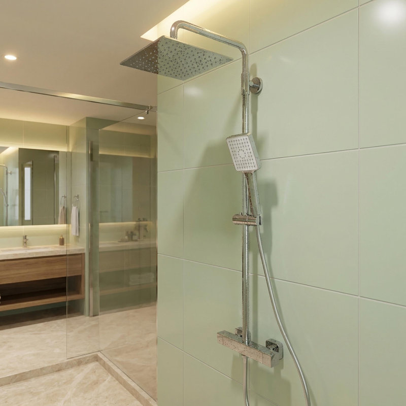 Thermostatic Shower Column Set with Anti-Scald 38°C Safety Lock, 304 Stainless Steel, 5-Function Square Handheld, Adjustable Slide Bar, 1.5m Hose, Easy Install