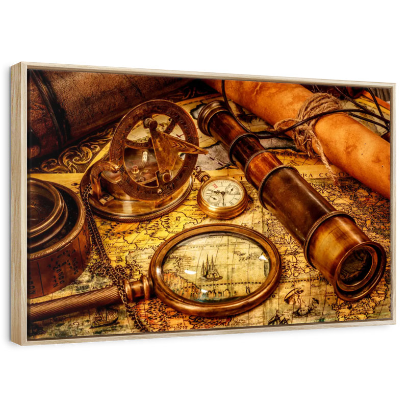 Old Nautical Navigation Tools, 19" X 13", Floating Frame Natural Wood