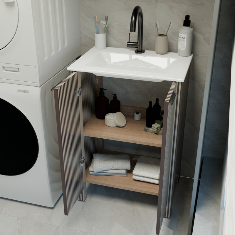 Meuble-lavabo sur pied brun de 30 pouces avec lavabo en céramique blanche, lavabo simple en résine, base en contreplaqué, instructions d'installation complètes