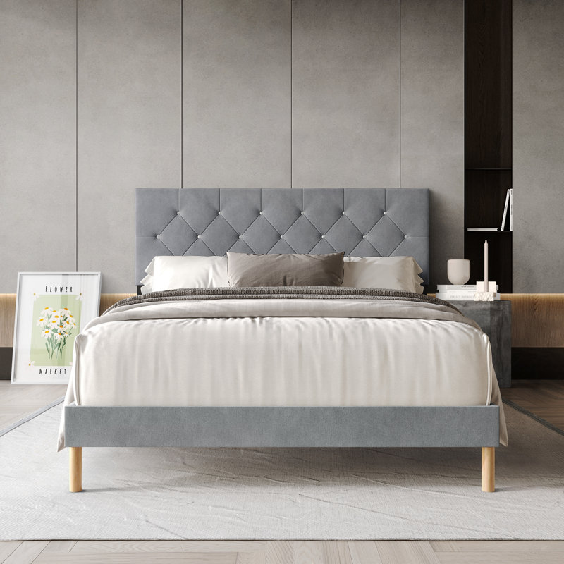 Velvet Upholstered Bed, Light Gray, King