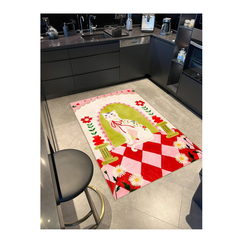 Tapis multicolore à motif floral rétro et motif de chat lavable à la machine, Rectangle 3 pi 3 po x 4 pi 11 po