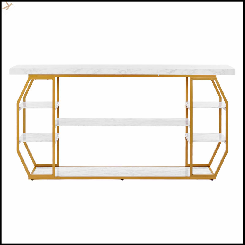 3 Tiers Marble Console Table With Modern Golden Geometric Design, Perfect For Stylish And Efficient Storage In Small Spaces.