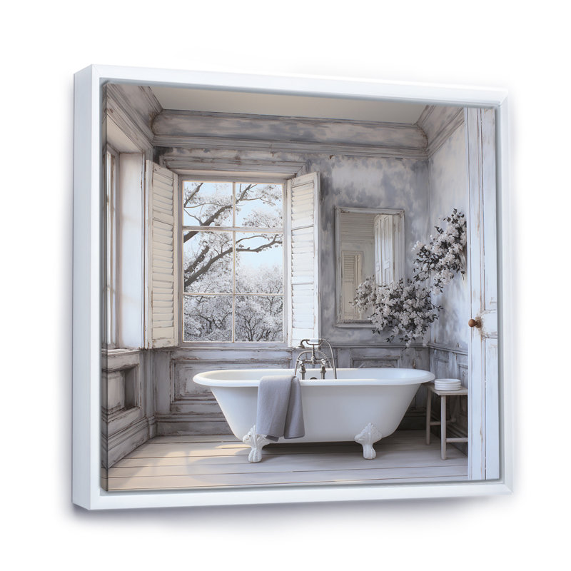Farmhouse Bathroom Charm II - impressions sur toile blanchisserie, H 30 po x l 30 po, Reproduction avec cadre flottant, Blanc