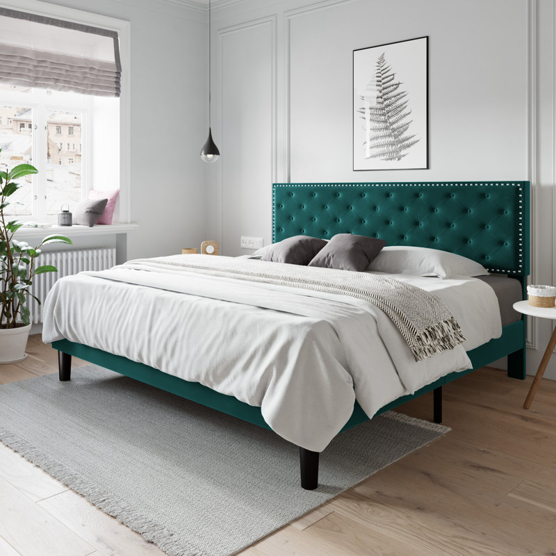 Basnett Upholstered Platform Bed, Navy, King