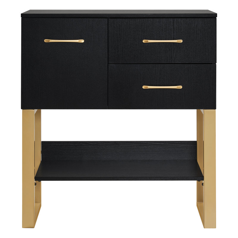 Quintonio Modern Console Table with Drawer, Storage Cabinet and Shelf, Black, Gold