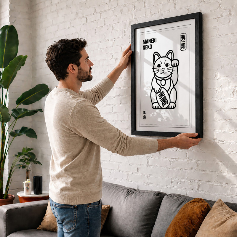 Lucky Beckoning Cat Japandi - Framed Print, Oak, A4 - 29.7 x 21.0 cm