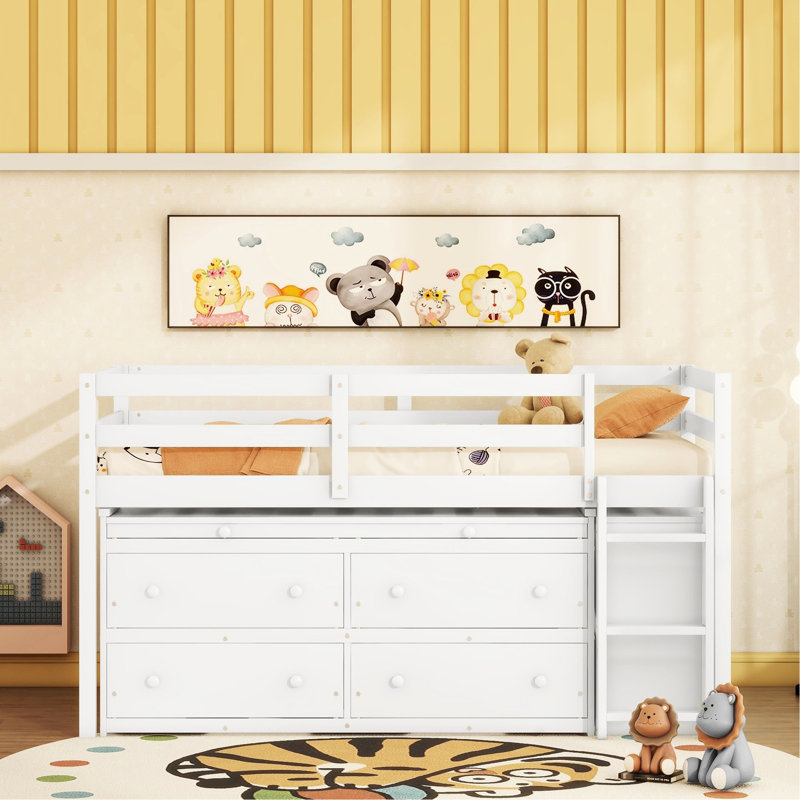 Lit mezzanine blanc simple avec bureau portable et bureau de rangement spacieux à 4 tiroirs, blanc, pour une chambre organisée