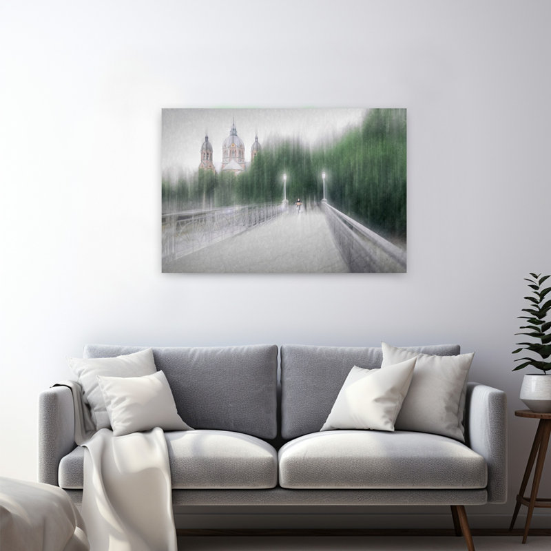 Pont flou sous la pluie, paysage urbain serein et onirique de style impressionniste, affiche murale, H 32 po x l 48 po