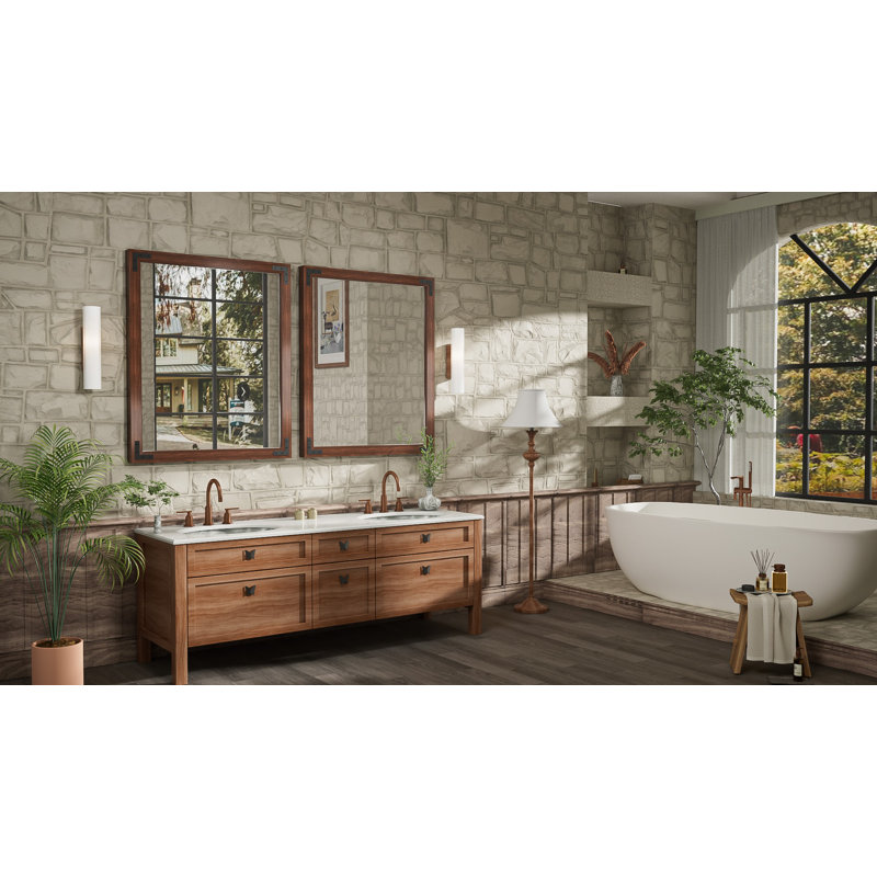 Gwenneth Rectangle Wood Mirror for Bathroom, Solid Pine Wood, Brown, 30" x 36"