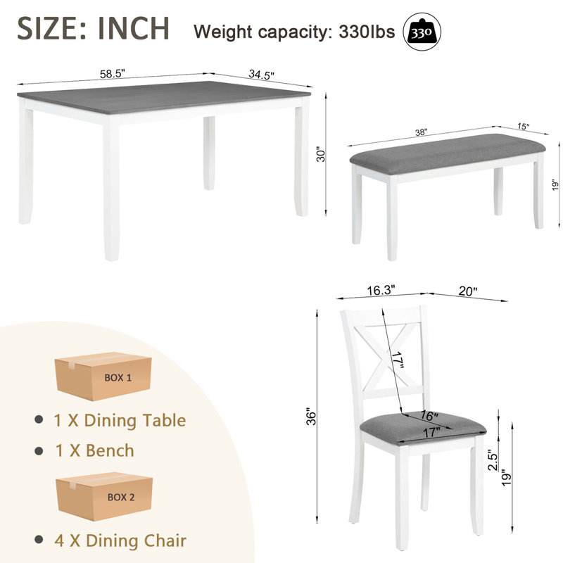 Table de salle à manger moderne pour 6 personnes, grise et blanche, en bois massif, plateau élégant, siège confortable, pieds antidérapants, design élégant et peu encombrant.
