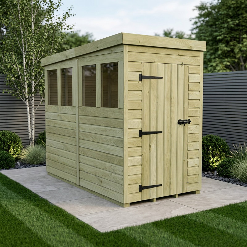 Total Sheds 4ft x 8ft Pent Garden Shed - Single Door - With Windows - Pressure Treated Timber - UK Manufactured