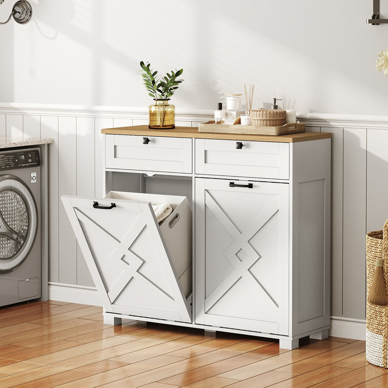 Laundry Hamper Cabinet with 2 x 13.6 Gallon Tilt-Out Basket, Freestanding Storage Unit with Drawer, Trash Can Cabinets for Bathroom and Kitchen
