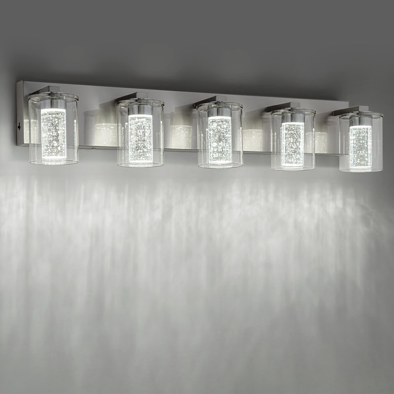 Miroir de salle de bain nickel brossé (5 lumières, 32 pouces) avec abat-jour en verre transparent, 5 lumières, Nickel brossé