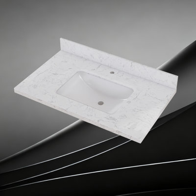 36'' W X 22'' D Engineered Stone Carrara White Vanity Top Single Sink Center Drain Bathroom Countertop Rectangular Undermount Ceramic Sink with Single Pre-drilled Faucet Hole & 4 In. H Backsplash