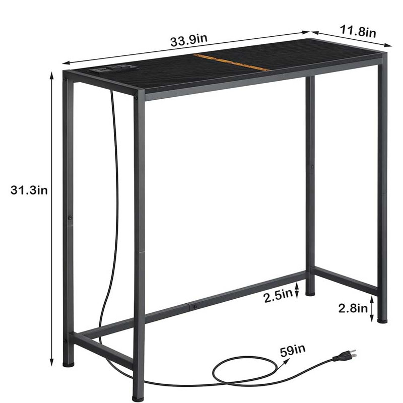 Table d'appoint étroite en métal 31,3 po avec port de charge USB, table de bout en bois rustique avec tablette en filet pour le salon