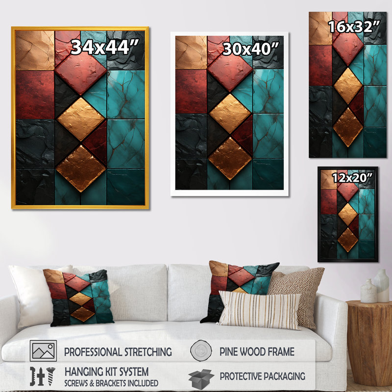 Carreaux de chevron bleu et rouge Elegance III - art mural abstrait, Cadre flottant doré, H 32 po x l 16 po x P 1 po