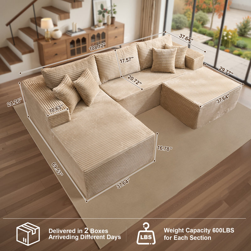 Canapé modulaire à compression 2 pièces Navarrie, sans assemblage requis, Velours côtelé beige plus