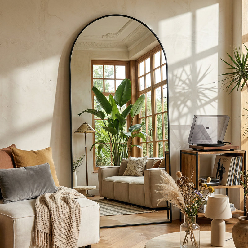 Miroir surdimensionné arqué en métal surdimensionné, Noir, 90 po x 46 po