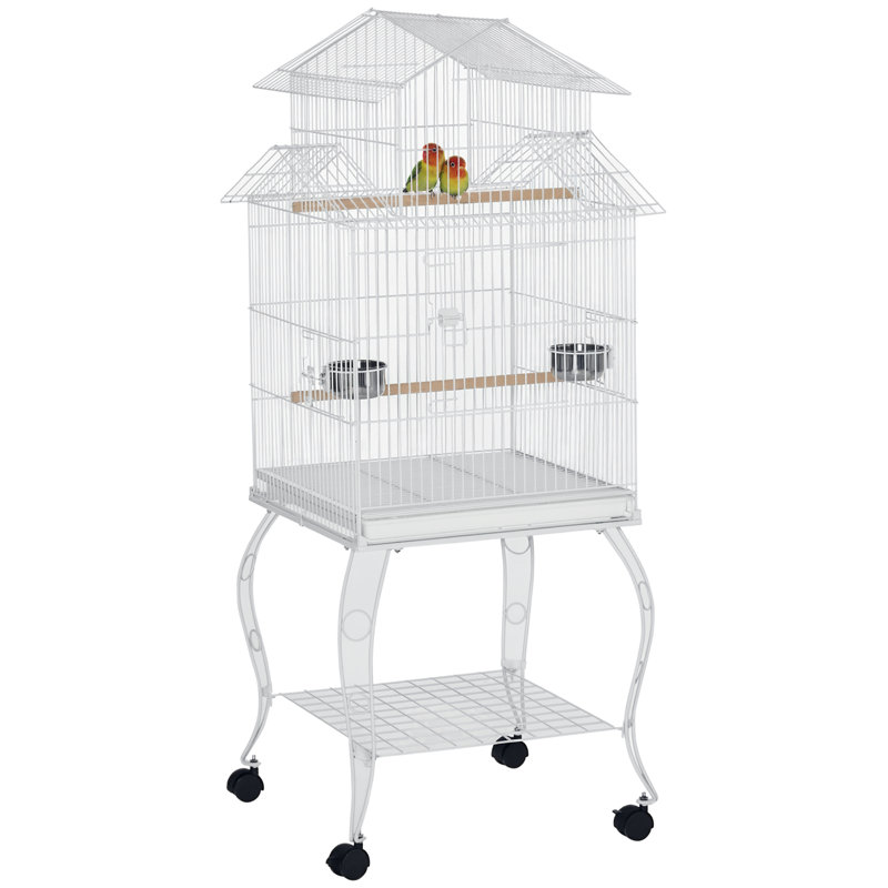 Grande cage à oiseaux roulante en acier 54 po Tucker Murphy Pet ™ avec support à roulettes amovible, tablette de rangement, perchoir en bois, contenant à nourriture, blanc