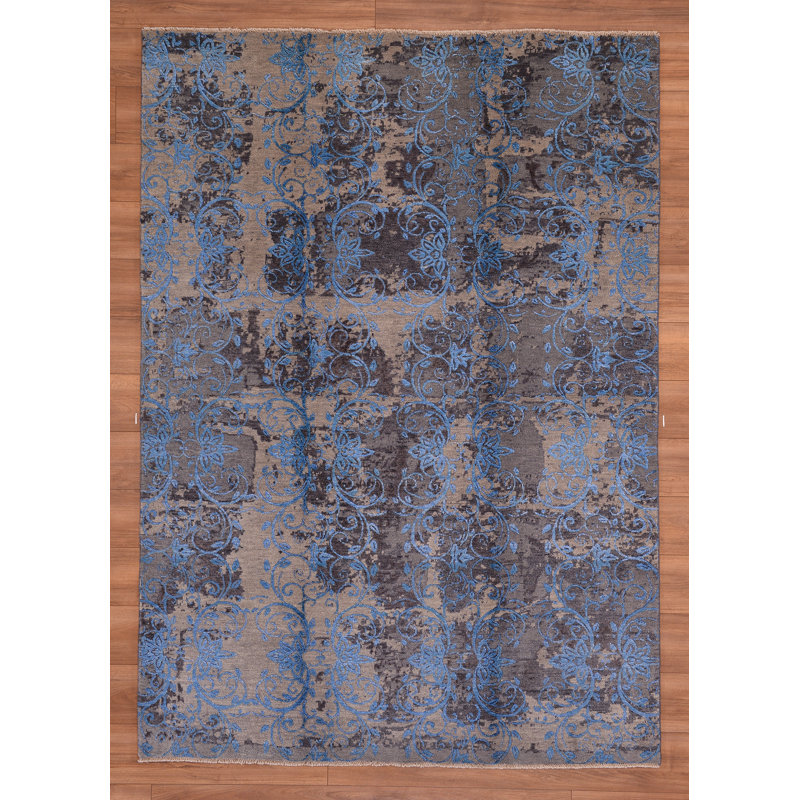 Tapis bleu original en laine noué à la main à motif traditionnel
