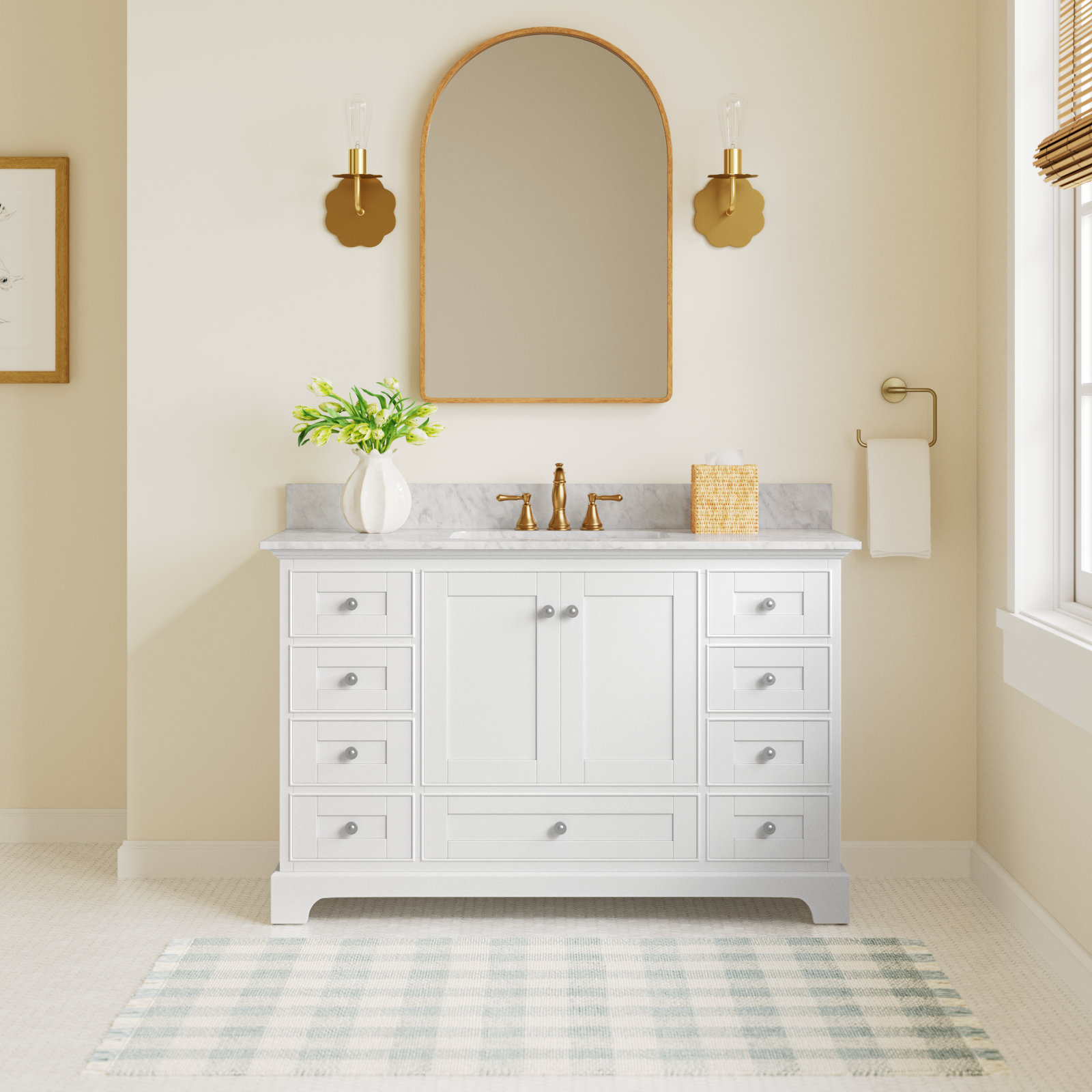 Varna 48'' Single Bathroom Vanity, White/Brushed Nickel, Carrara White Marble