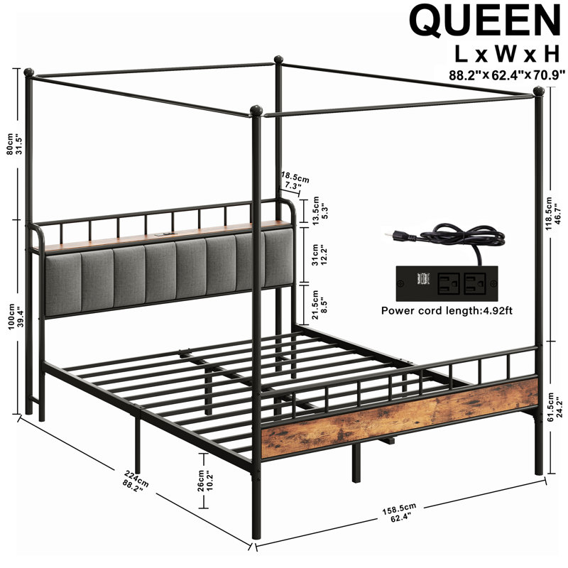 Metal Canopy Bed Frame, Storage Headboard With Charging Station And Removable Canopy, Queen