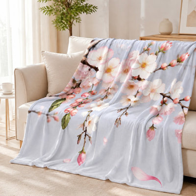 Plaid douillet en flanelle, motif floral de fleurs de cerisier, ultra doux, léger, respirant, toutes saisons, agréable pour la peau, lavable à la machine, décoratif, pour canapé, fauteuil, salon et chambre