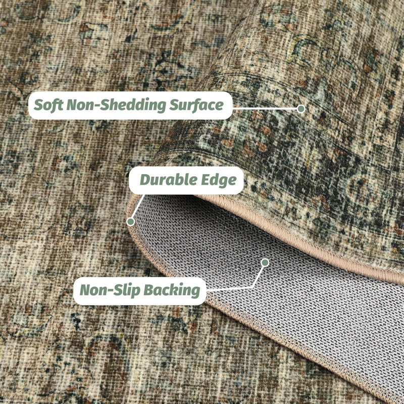 Living Room Rugs 5X7 Washable, Soft Vintage Distressed Large Bedroom Area Rug Foldable Indoor Floor Carpet, Retro Thin Non-Slip Throw Rugs For Bedroom Dining Room, Olive Brown
