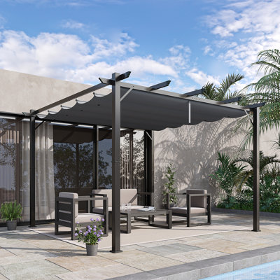 3 X 3m Aluminium Gazebo With Retractable Canopy Roof, Uv Resistant Fabric With Drainage Grommets, 8 Ground Stakes Included, Outdoor Garden Patio Pergola, Grey
