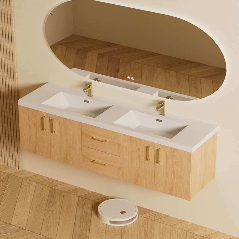 72 Inch Solid Surface Resin Vanity Top With Integrated Sink – Rectangular Double Bathroom Countertop,  Glossy White,