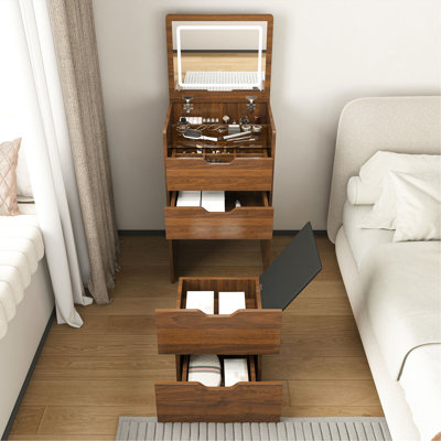 3-In-1 Vanity Desk With Lighted Mirror & Stool, Flip Top Makeup Dressing Table, Compact Storage For Bedroom, Bathroom, Dressing Room(18.9"L, Walnut)