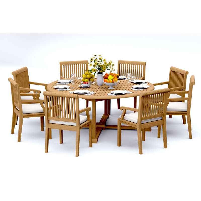Ensemble de salle à manger 7 pièces en bois de teck de qualité A: table ronde de 72 po et 6 chaises avec accoudoirs # 11SK1706